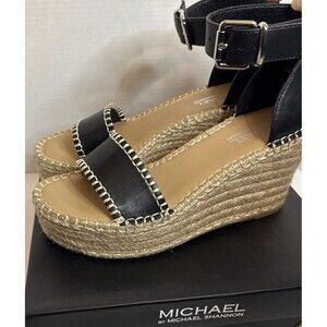 Michael Shannon Womens Garda 9m Black Open Peep Toe Espadrille Wedge Sandals